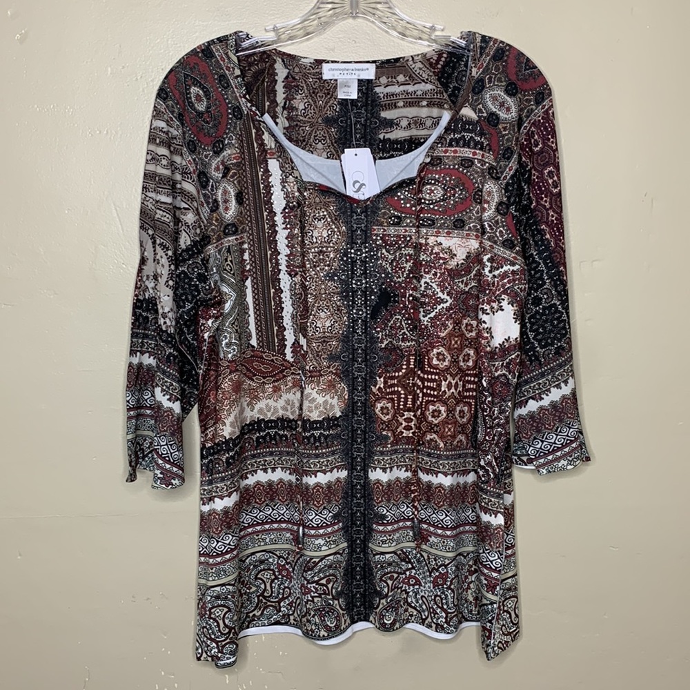 CHRISTOPHER & BANKS Tunic Top Brown Tan BOHO Rhinestones Tie Neckline MP